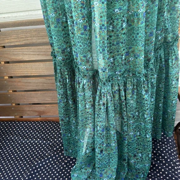 Free People Smocked Shoulder Midi Dress Green Floral Tiered Long Sleeve NWT - Picture 12 of 15